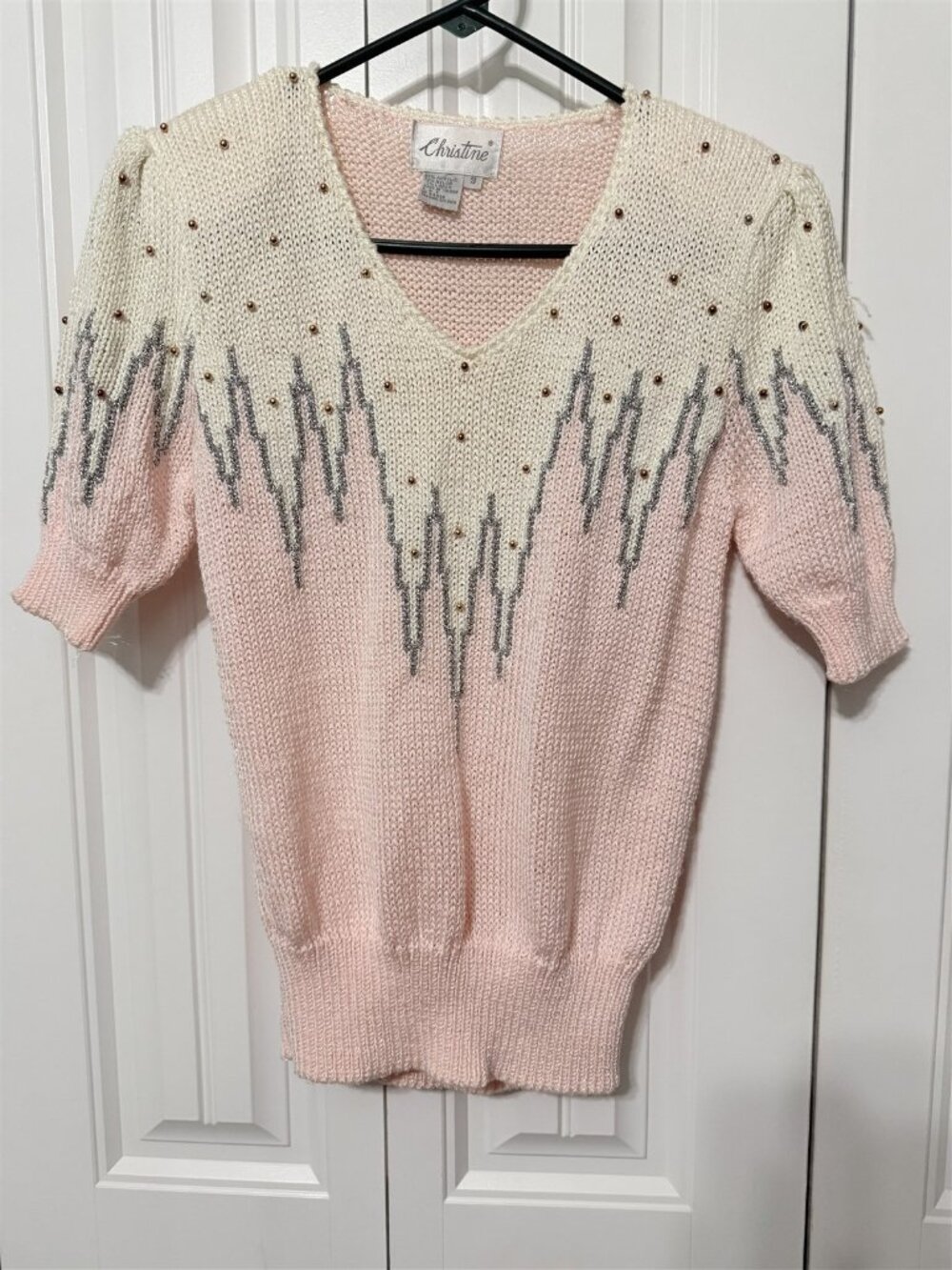 Christine Vintage V Neck Sweater Small Mob Wife Bead Metallic Accent 80’S Small